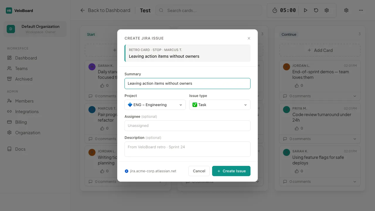 Create Jira Issue dialog showing a retro card being converted to a Jira task in the ENG project